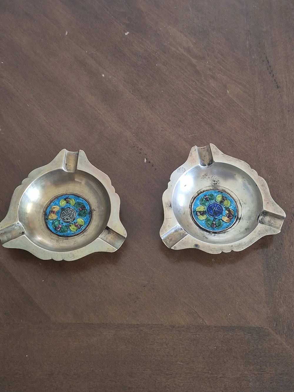 Pair of Antique Chinese Brass Ashtray With Enamel Bat Decoration